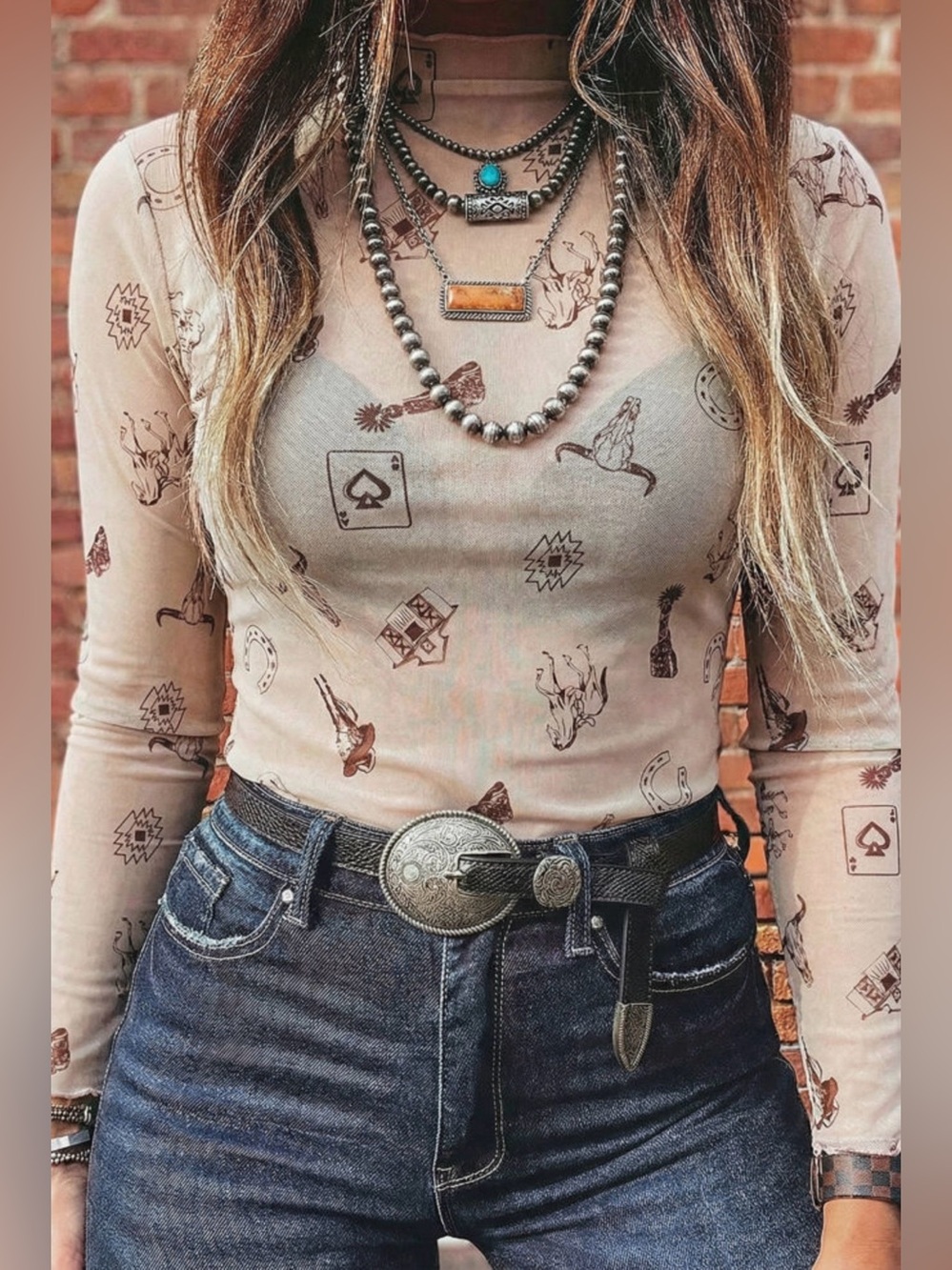 Western print mock neck mesh top